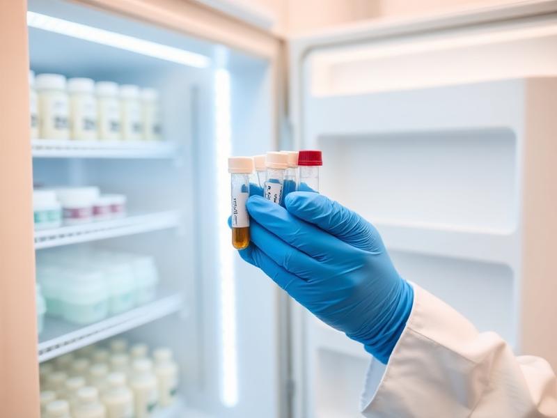 Pesquisadora manuseando amostras biológicas em ultrafreezer
